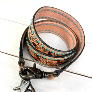 Floral Leather Tooled Turquoise Buckstitch Handbag Strap