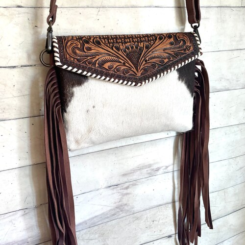 Brown and White Hide Dark Tooled Whipstitch Crossbody Bag - Etsy