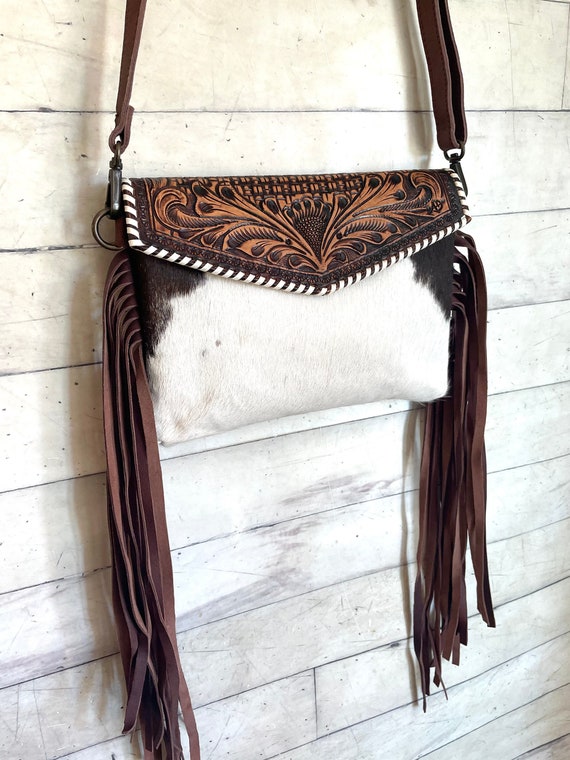 Country Hide & Tan Leather Floral Tooled Fringe Handbag – Cowgirl
