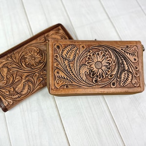 Large Leather Floral Tooled Zipper Wallet
