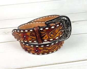 Buckstitch Floral Tooled Leather Woman’s Belt