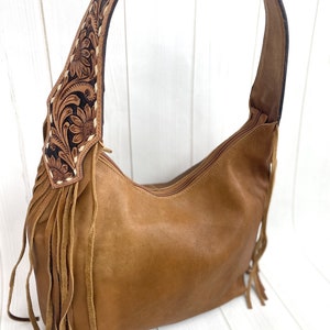 Tan Leather Hobo Fringe Tooled Handbag - Etsy