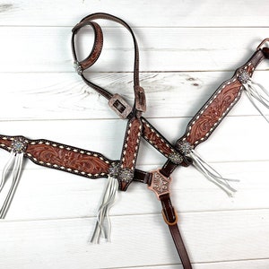 Brown Leather Tooled White Buckstitch Tassel Tack Set
