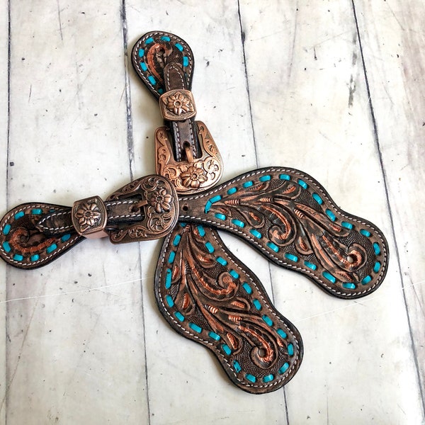 Copper Brushed Teal Buckstitch Spur Straps