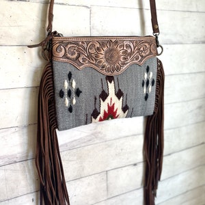 Grey Red Black Wool Leather Tooled Fringe Med. Bag - Etsy