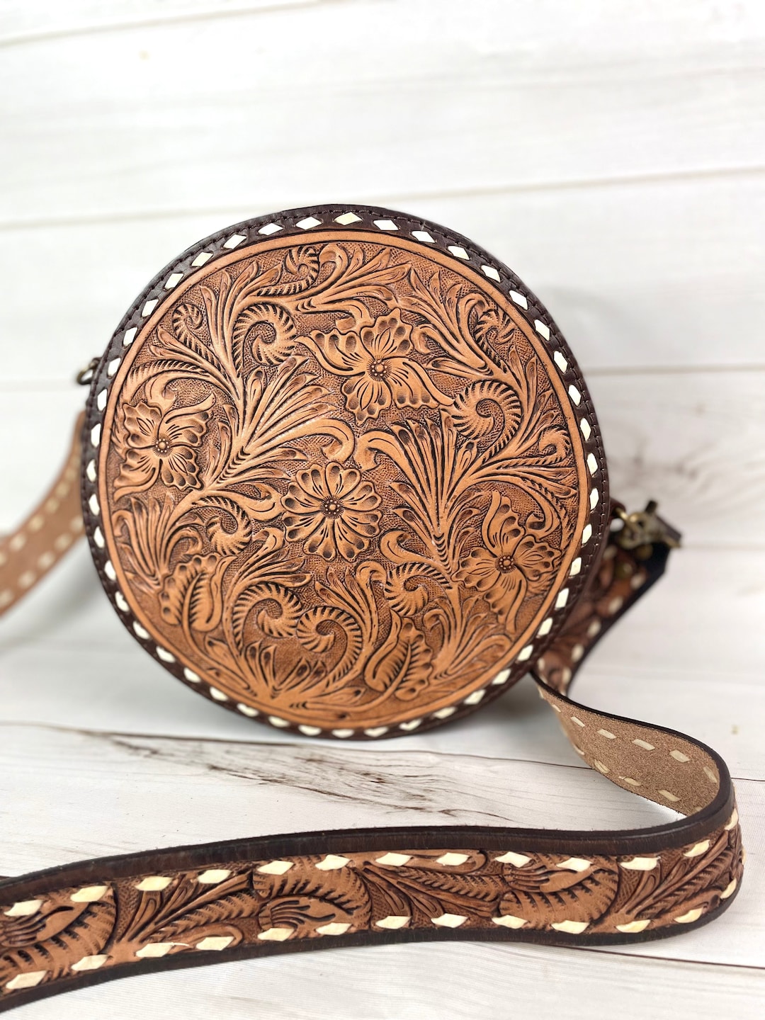 Floral Leather Tooled Buckstitch Round Canteen Crossbody Bag - Etsy