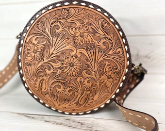 Floral Leather Tooled Buckstitch Round Canteen Crossbody Bag