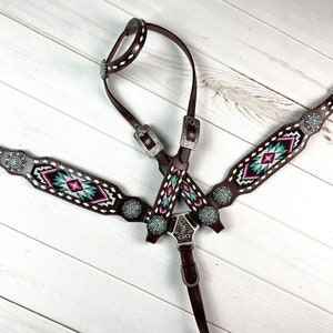 Dark Leather Buckstitch Aztec Beaded Inset Tack Set