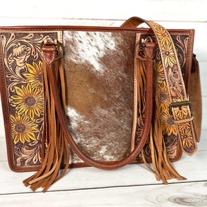Prescott Cowhide Leather Tote with Tooled Painted Sunflowers