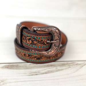 Turquoise Dotted Border Tooled Leather Womans Belt image 4