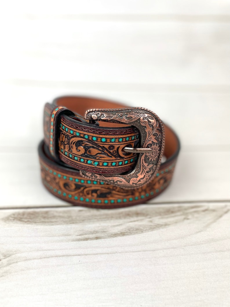 Turquoise Dotted Border Tooled Leather Womans Belt image 4