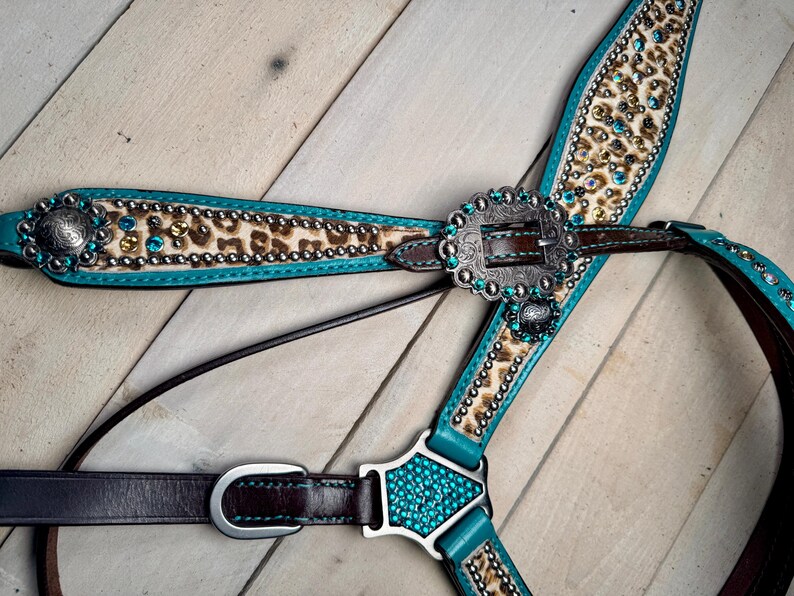 Teal Rhinestone Cheetah/leopard Tack Set Dark Leather - Etsy