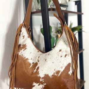 Ranch Tan Cowhide Hobo Fringe Tooled Purse