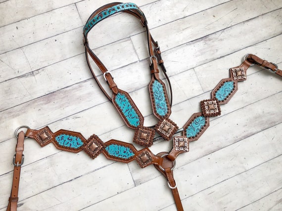 Teal Filigree W/ Large Square Copper Conchos - Etsy display picture 1