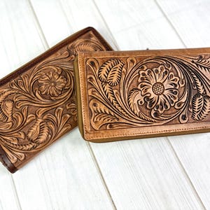 Large Leather Floral Tooled Zipper Wallet