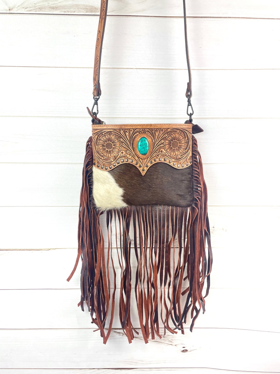 Leather Tooled Scallop Design on Hide and Fringe Bag - Etsy