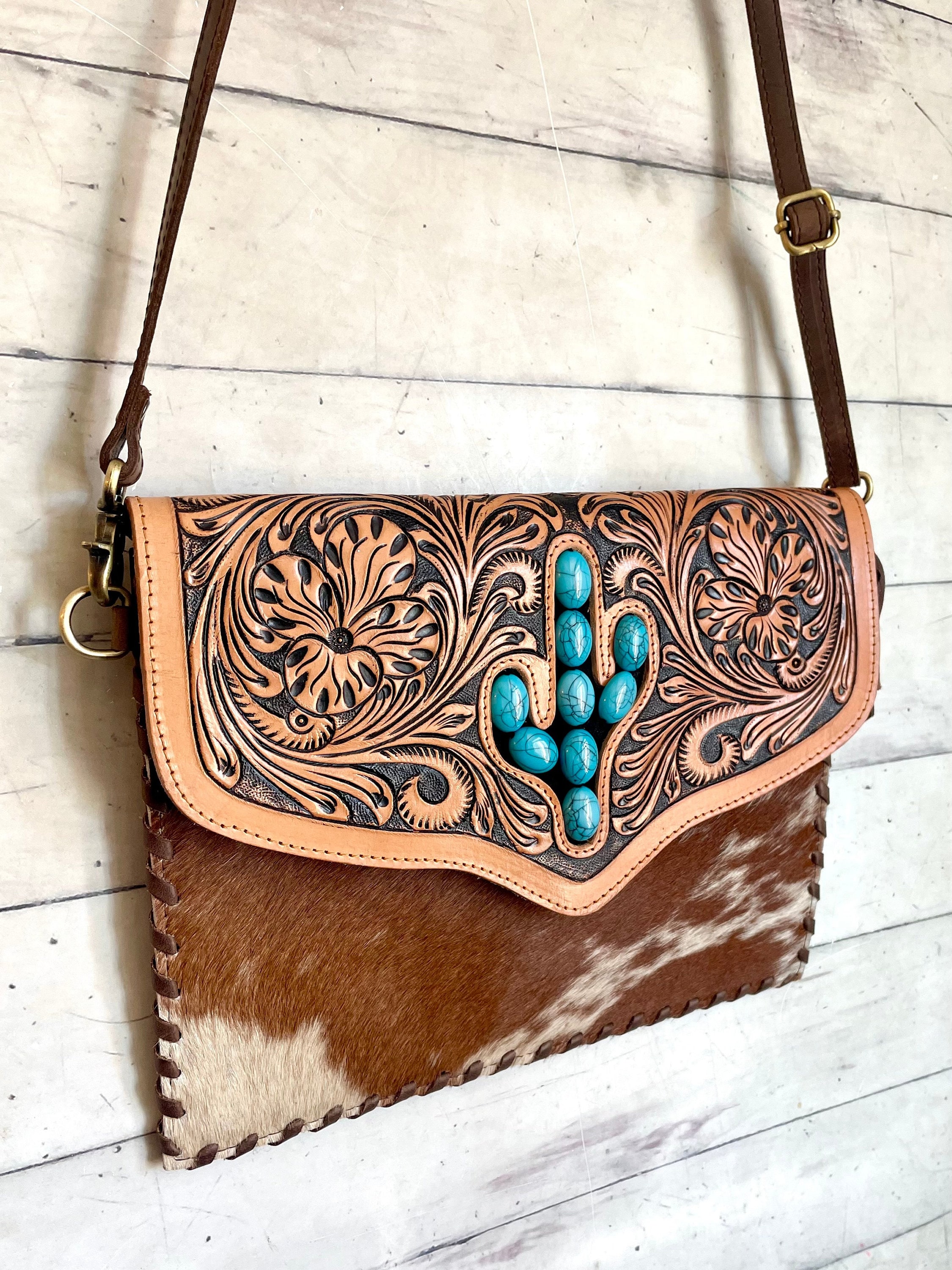 Tooled Whipstitch Envelope Bag With Turquoise Cactus - Etsy