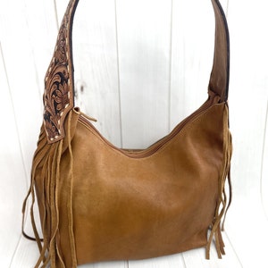 Tan Leather Hobo Fringe Tooled Handbag - Etsy