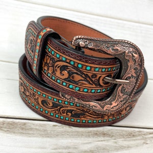 Turquoise Dotted Border Tooled Leather Woman’s Belt