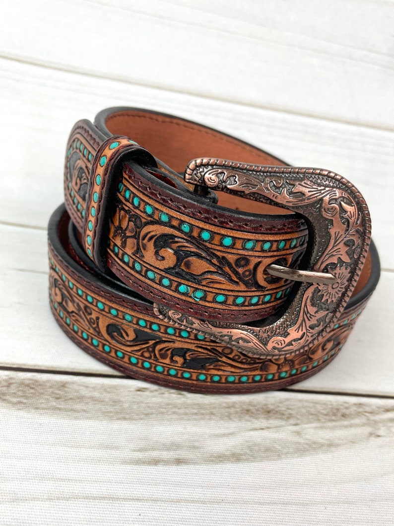 Turquoise Dotted Border Tooled Leather Womans Belt image 1