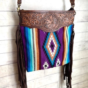 Purple Teal Wool Diamond Pattern Fringe Handbag