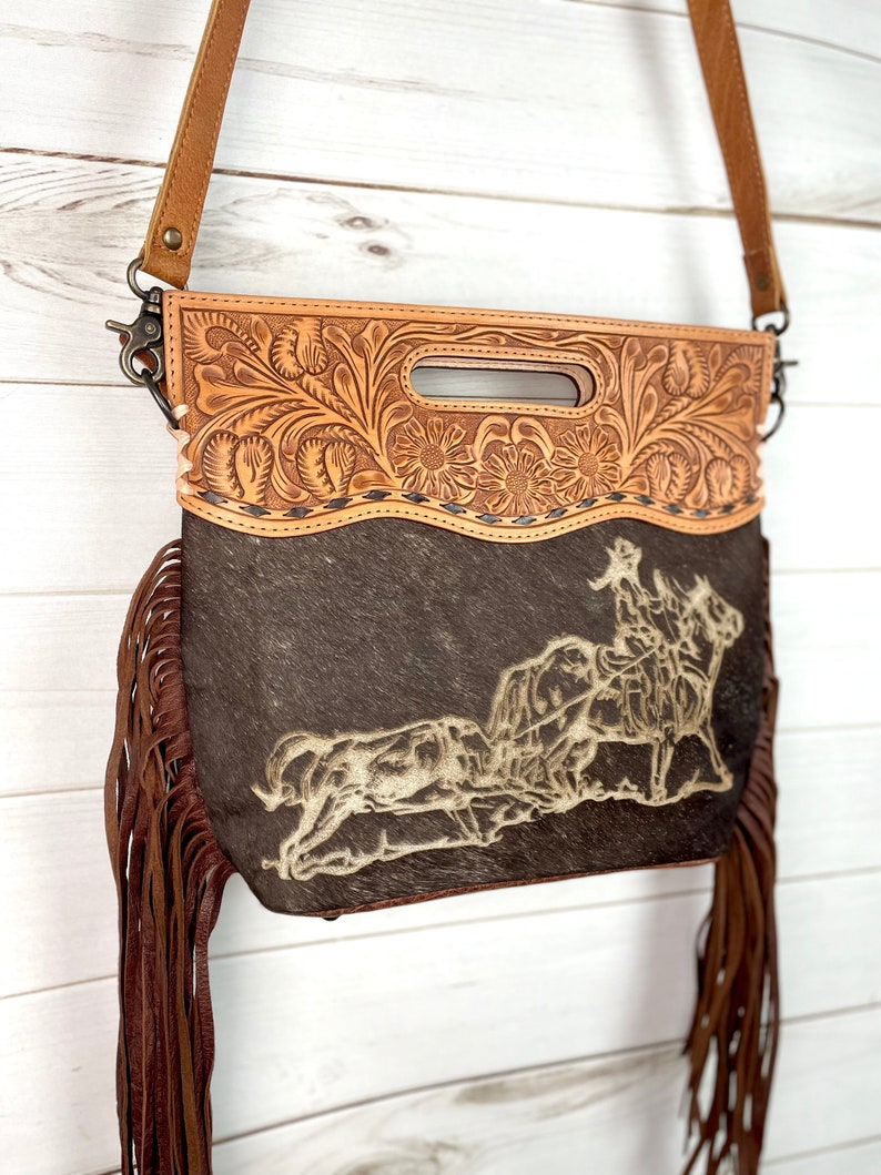 Branded Cowgirl Roper Hide & Leather Handle Fringe Bag - Etsy
