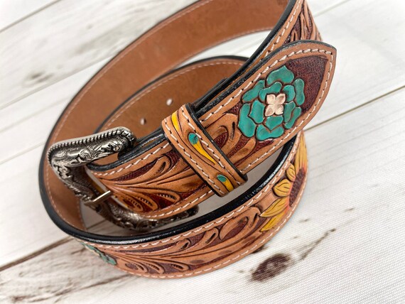 Sunflower & Blue Wild Flower Leather Woman's Belt - Etsy