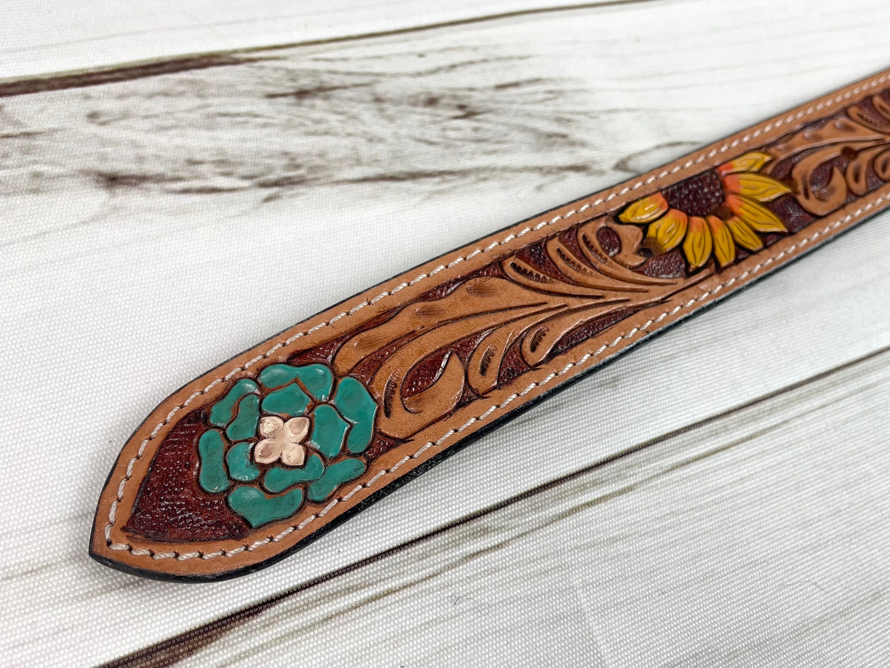 Sunflower & Blue Wild Flower Leather Woman's Belt - Etsy