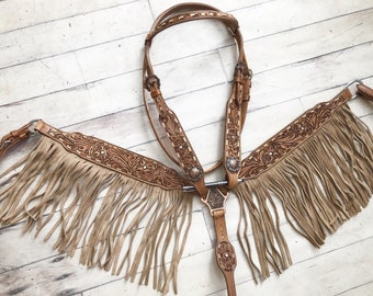 Tooled Leather with Light Suede Fringe Tack Set