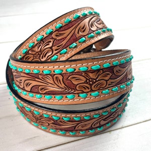 Floral Leather Tooled Turquoise Buckstitch Handbag Strap