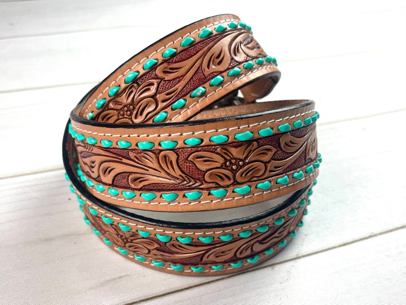 Floral Leather Tooled Turquoise Buckstitch Handbag Strap