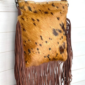 Tan & Brown Spotted Crossbody Hide Bag With Fringe - Etsy