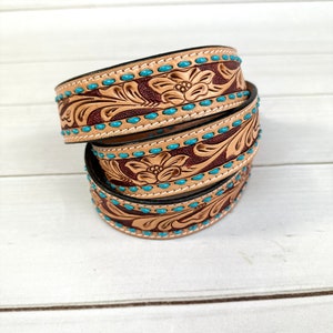 Floral Leather Tooled Turquoise Buckstitch Handbag Strap