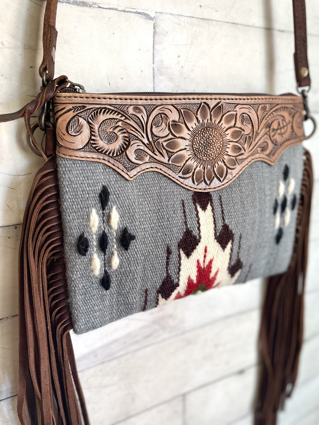 Grey Red Black Wool Leather Tooled Fringe Med. Bag - Etsy