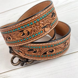 Turquoise Dotted Border Floral Tooled Light Leather Handbag Strap