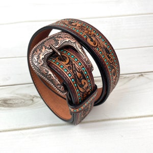 Turquoise Dotted Border Tooled Leather Womans Belt image 5