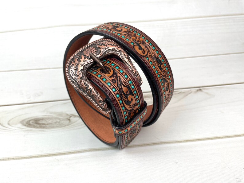 Turquoise Dotted Border Tooled Leather Womans Belt image 5