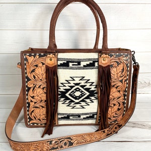 Diamond Aztec Black and Cream Pattern Wool Large Tote with Dark Leather Floral Tooling