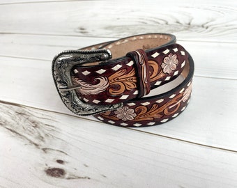 Feather Floral Tooled Buckstitch Leather Woman’s Belt