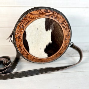 Cowhide Canteen Style Leather Tooled 10&quot; Round Purse