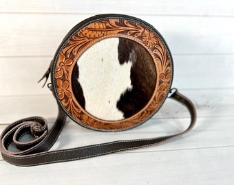 Cowhide Canteen Style Leather Tooled 10" Round Purse