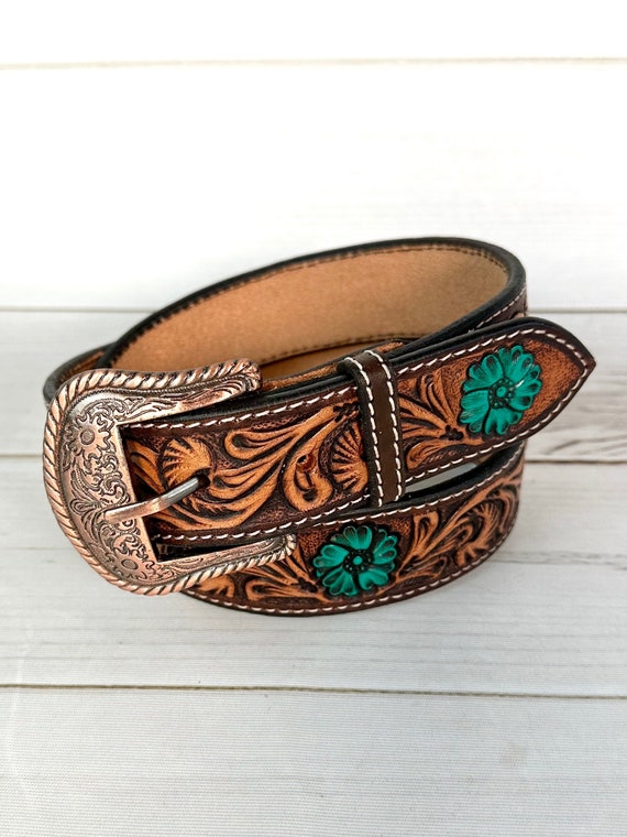 Dark Floral Tooled Turquoise Floral Western Belt - Etsy display picture 3