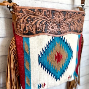 Red Tan Teal Wool Leather Tooled Fringe Handbag