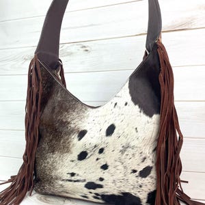 Ranch Brown Leather Cowhide Hobo Fringe Tooled Handbag