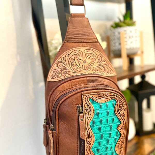 Turquoise and Brown Leather Tooled Sling Bag