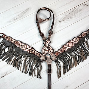 Brown and Cream Designed Leather Fringe Tack Set