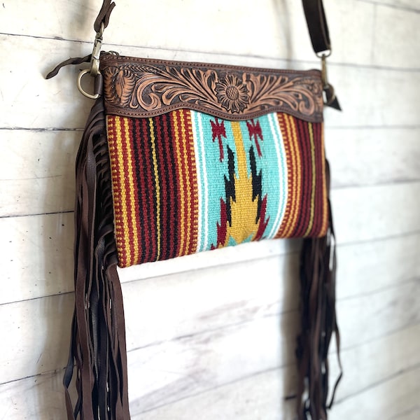 Maroon - Turquoise Pattern Wool Leather Fringe Concealed Carry Bag