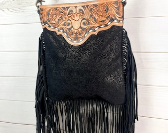 Black Canyon Crossbody Bag - Black Brocade Pattern Suede Design