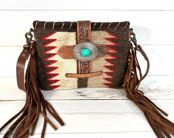 Montana Style Brown Wool Blend Leather Fringe Handbag
