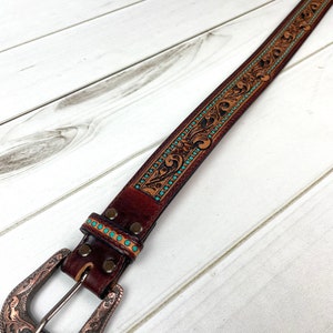 Turquoise Dotted Border Tooled Leather Womans Belt image 2